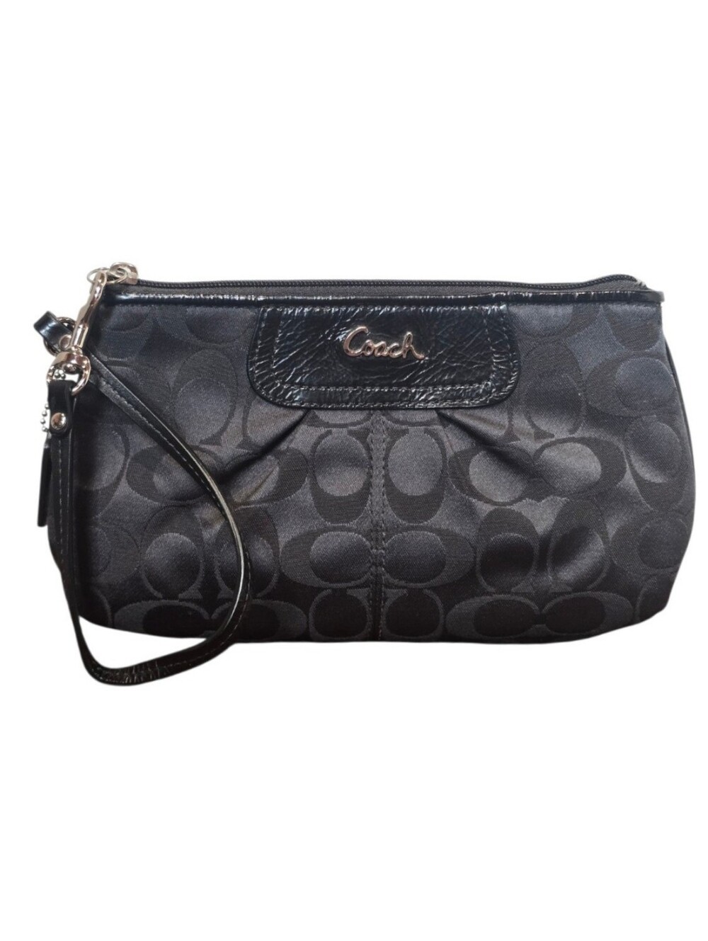 Coach Ashley Signature C Black Gray Jacquard Woven Fabric Wristlet